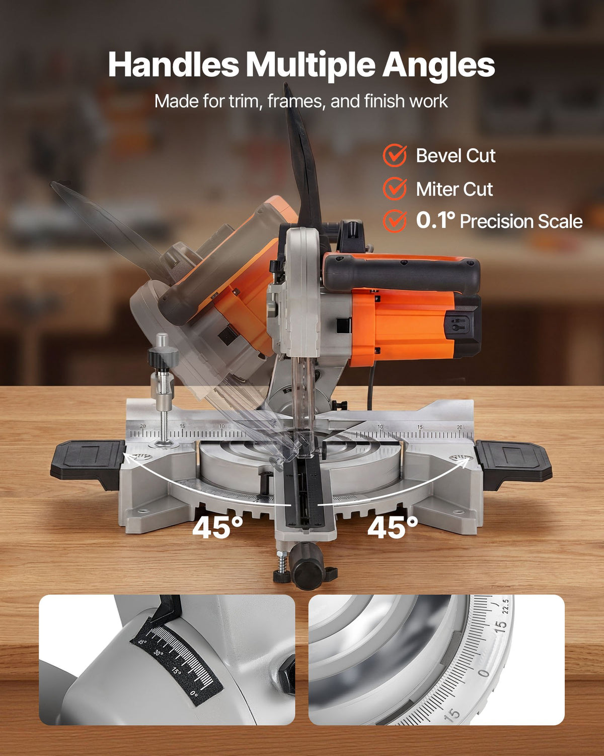 VEVOR Sliding Compound Miter Saw, 254 mm Blade, 1800W High Power, Bevel and Miter Cut, Adjustable Angles and Cutting Depth, Cast Aluminum Base, Compact Portable for Cutting Wood, Metals, Laminates