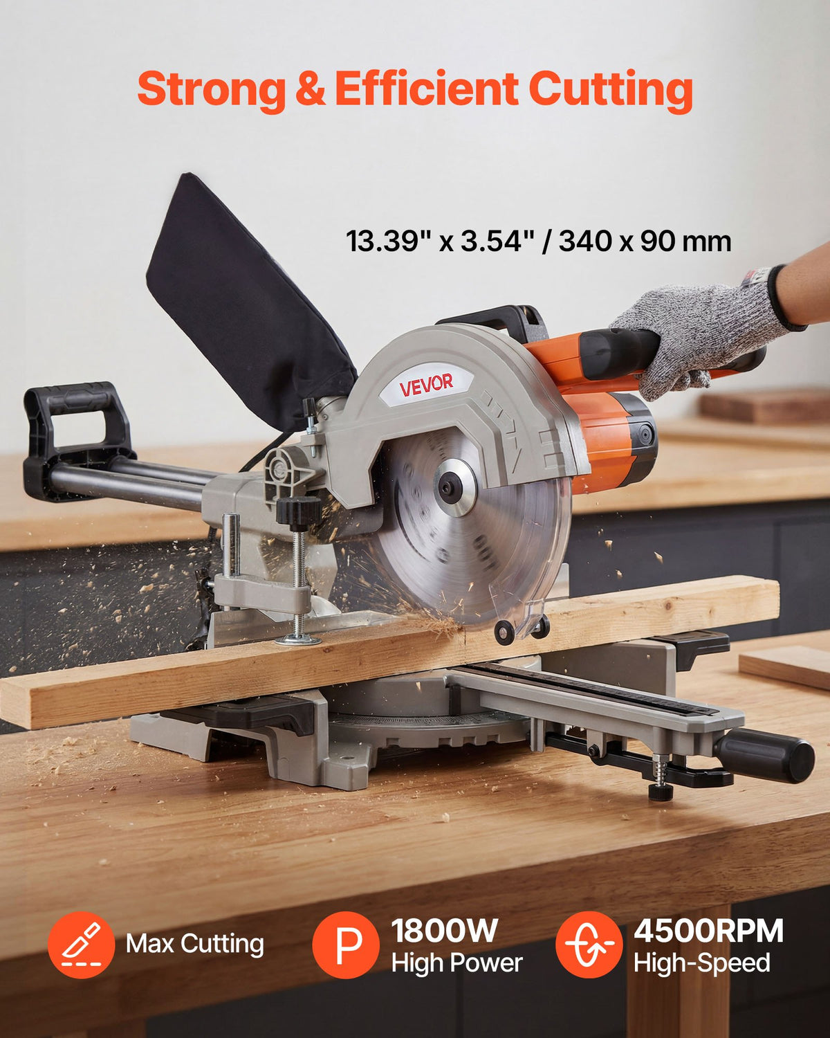 VEVOR Sliding Compound Miter Saw, 254 mm Blade, 1800W High Power, Bevel and Miter Cut, Adjustable Angles and Cutting Depth, Cast Aluminum Base, Compact Portable for Cutting Wood, Metals, Laminates