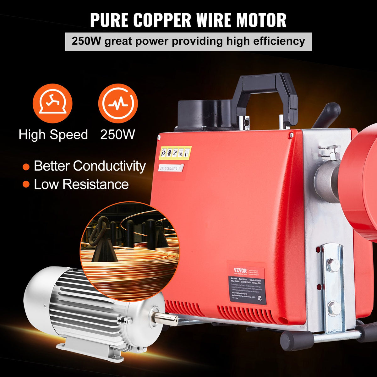 VEVOR Drain Cleaner Machine 20m x 16mm 250W Sewer Snake Auger Manual Feed
