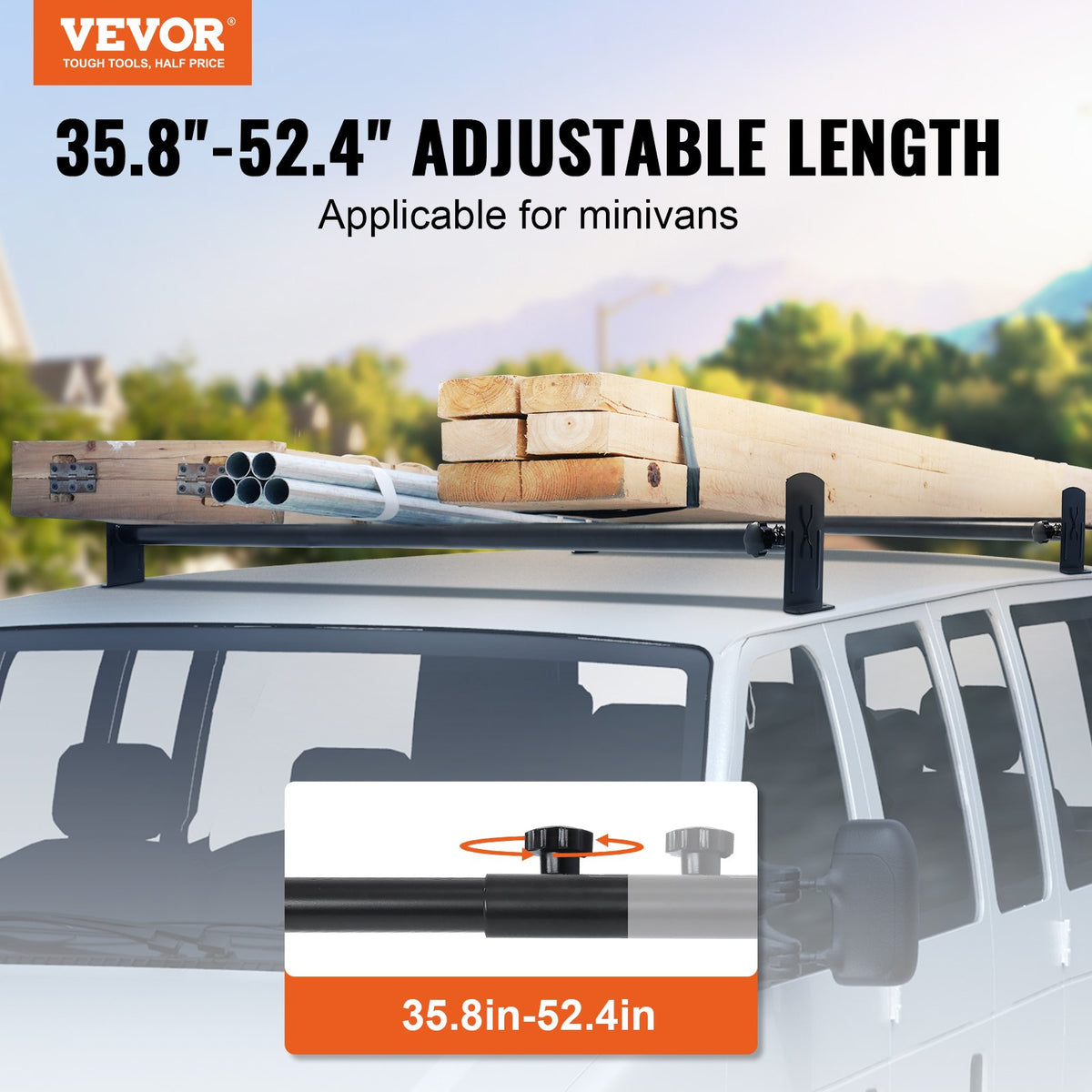 VEVOR Van Roof Ladder Rack, 2 Bars Alloy Steel Roof Racks, 227 KG Capacity Roof Rack, Adjustable Length 910-1330 mm, Van Ladder Rack Compatible with Chevrolet Express, GMC Savana, etc, Drilling Mount