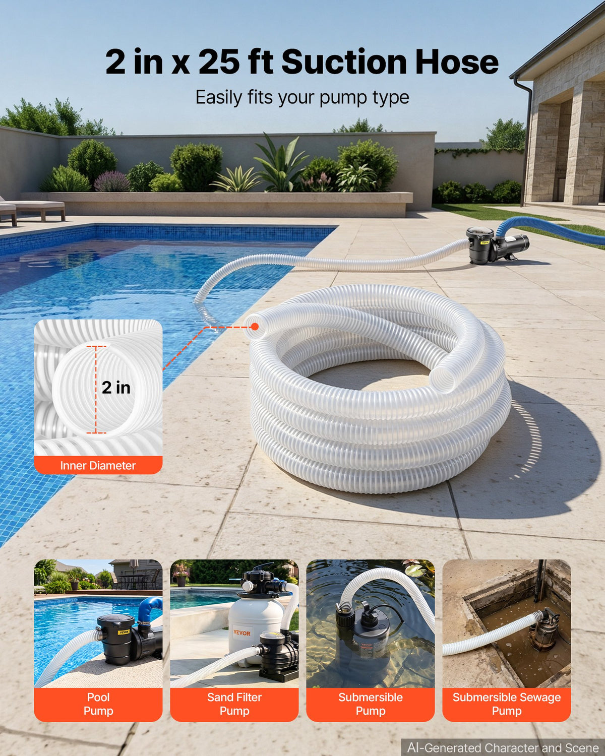 VEVOR Suction Hose 2" x 7.6 m Heavy Duty PVC Suction Pump Hose Assembly, for Swimming Pools Trash Pump, Water Transfer, High Pressure Resistance, Weather-Proof & Burst-Resistant, with Clamps, White
