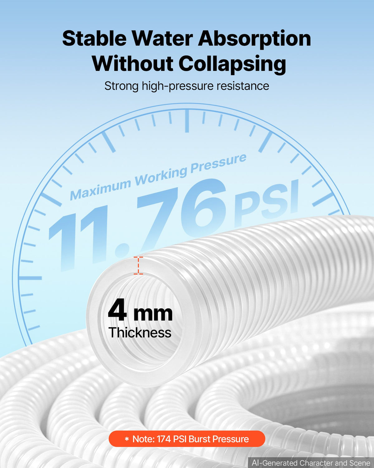 VEVOR Suction Hose 2" x 7.6 m Heavy Duty PVC Suction Pump Hose Assembly, for Swimming Pools Trash Pump, Water Transfer, High Pressure Resistance, Weather-Proof & Burst-Resistant, with Clamps, White