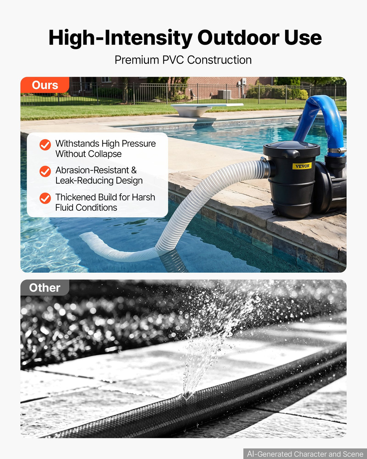 VEVOR Suction Hose 2" x 7.6 m Heavy Duty PVC Suction Pump Hose Assembly, for Swimming Pools Trash Pump, Water Transfer, High Pressure Resistance, Weather-Proof & Burst-Resistant, with Clamps, White