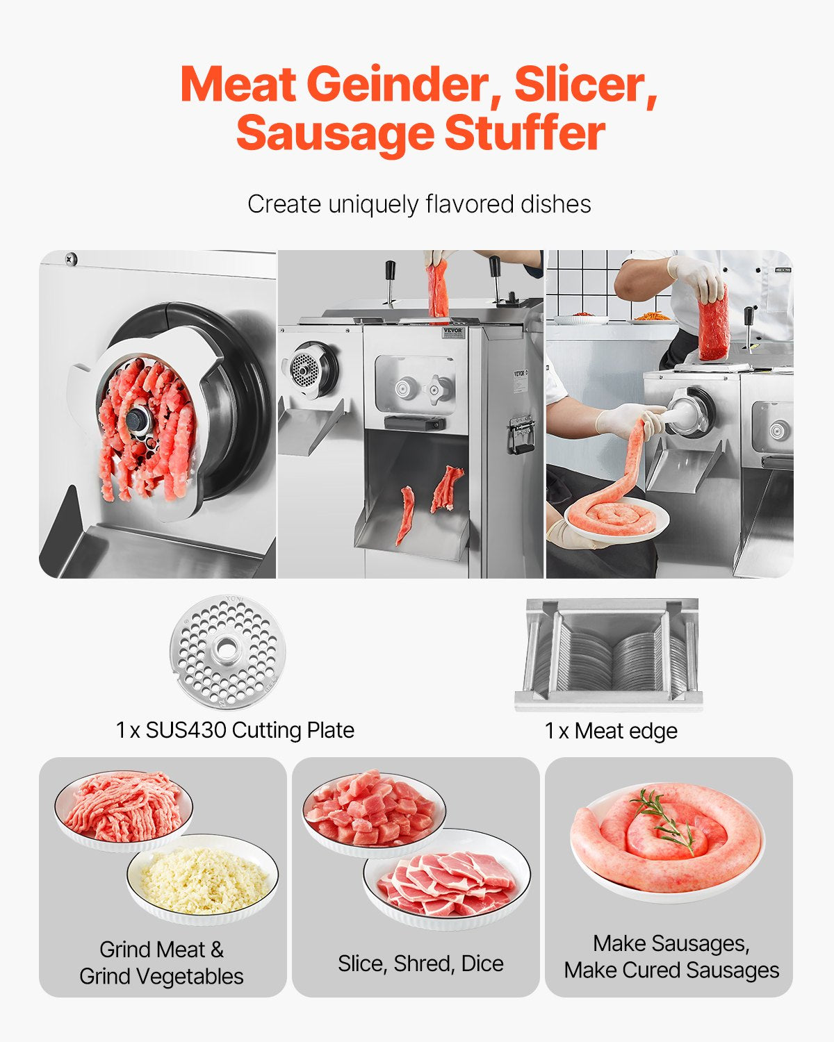 VEVOR Meat Grinder, 14 Lbs/Min Electric Meat Grinder, Slicer, Sausage Stuffer with Blade, Grinding Plate, Sausage Maker, Stainless Steel Meat Mincer Cabinet for Slice Shred Dice, Restaurant Butcher