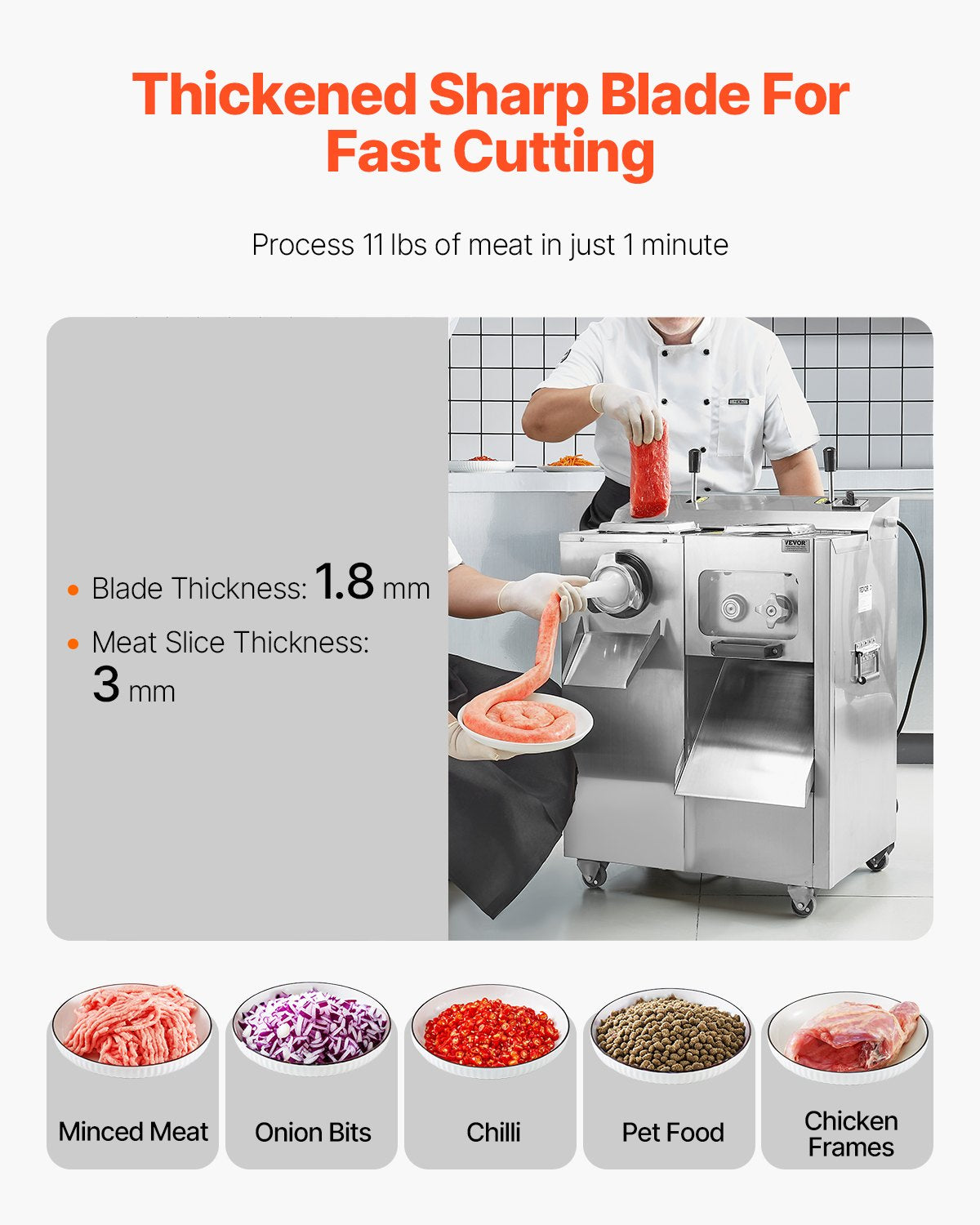 VEVOR Meat Grinder, 14 Lbs/Min Electric Meat Grinder, Slicer, Sausage Stuffer with Blade, Grinding Plate, Sausage Maker, Stainless Steel Meat Mincer Cabinet for Slice Shred Dice, Restaurant Butcher