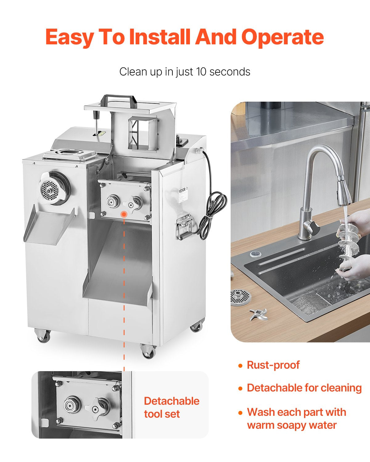 VEVOR Meat Grinder, 14 Lbs/Min Electric Meat Grinder, Slicer, Sausage Stuffer with Blade, Grinding Plate, Sausage Maker, Stainless Steel Meat Mincer Cabinet for Slice Shred Dice, Restaurant Butcher