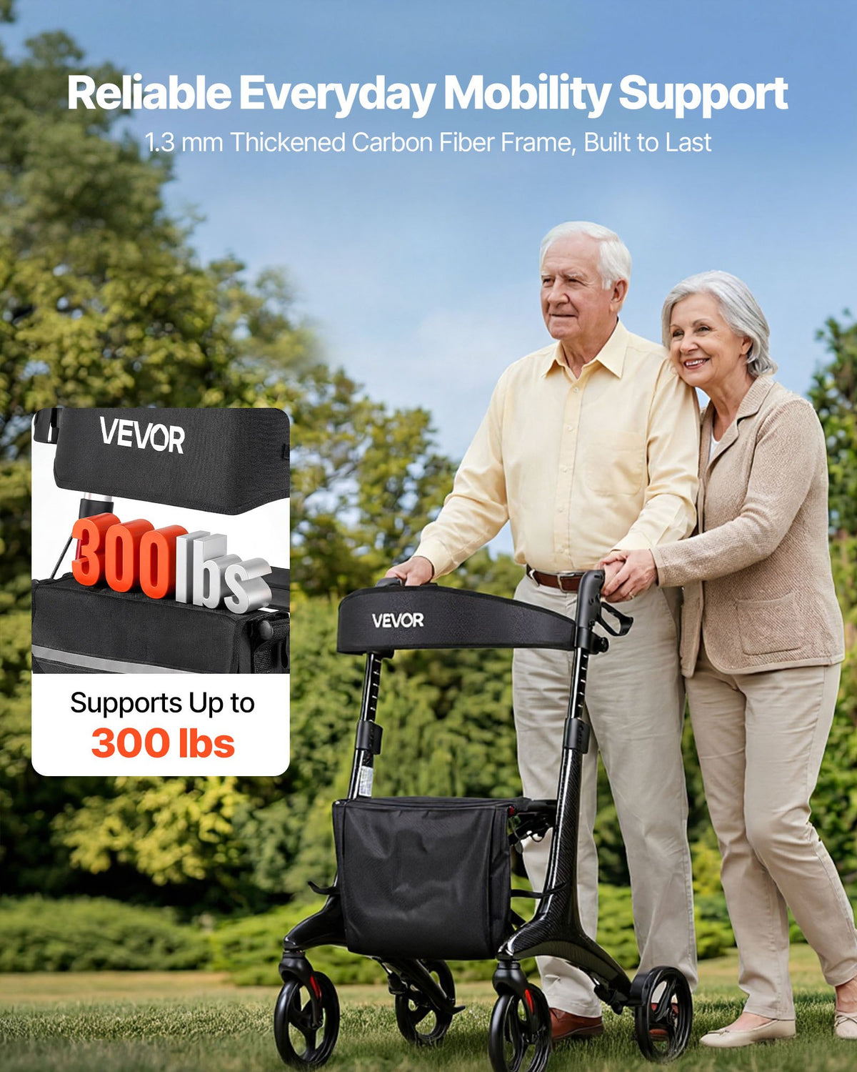 VEVOR Rollator Walker with Seat for Seniors, Foldable Lightweight Rolling Walker, Carbon Fiber Mobility Walking Aid with 8" Solid PVC Wheels and Adjustable Handle - Supports up to 136kg