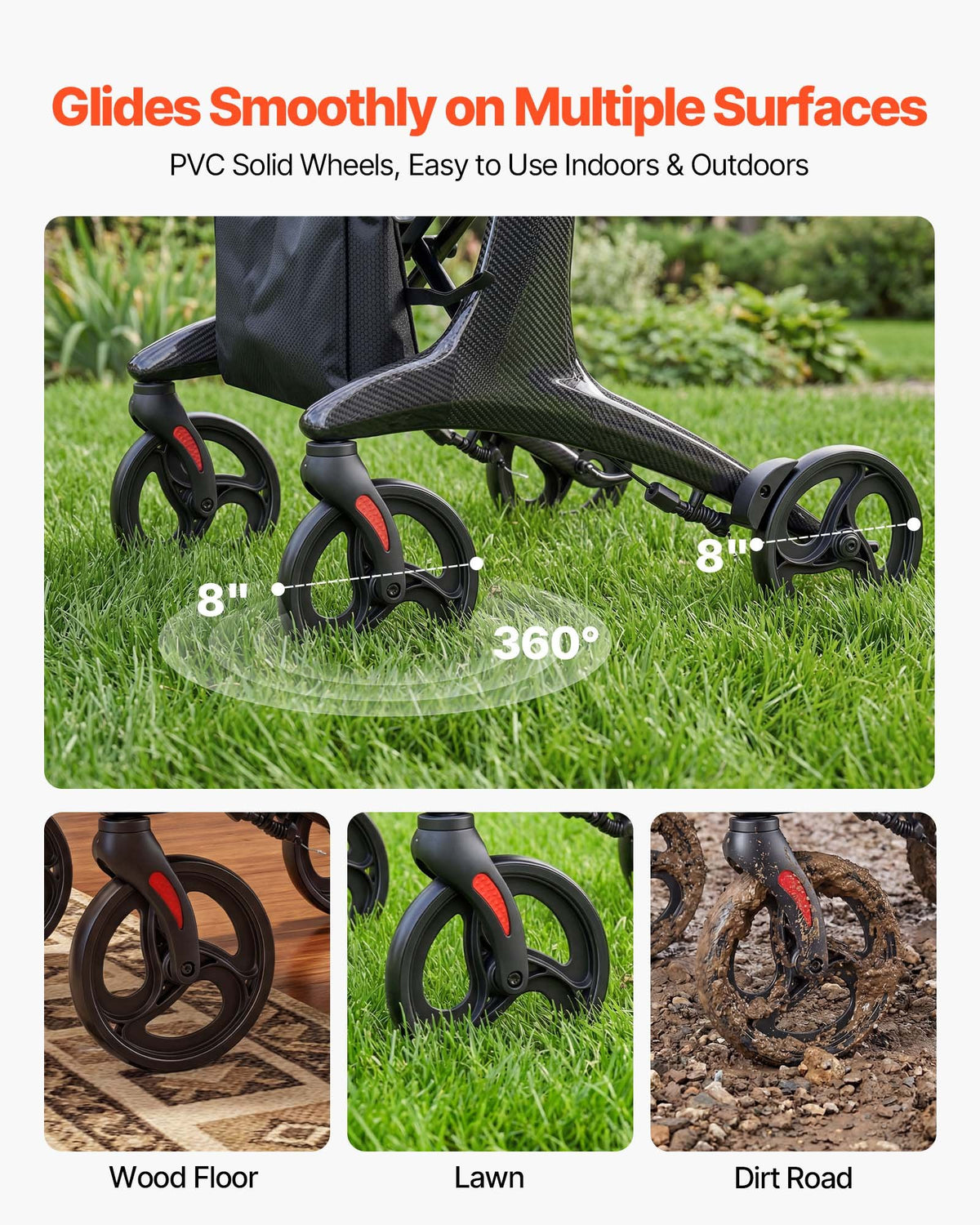 VEVOR Rollator Walker with Seat for Seniors, Foldable Lightweight Rolling Walker, Carbon Fiber Mobility Walking Aid with 8" Solid PVC Wheels and Adjustable Handle - Supports up to 136kg