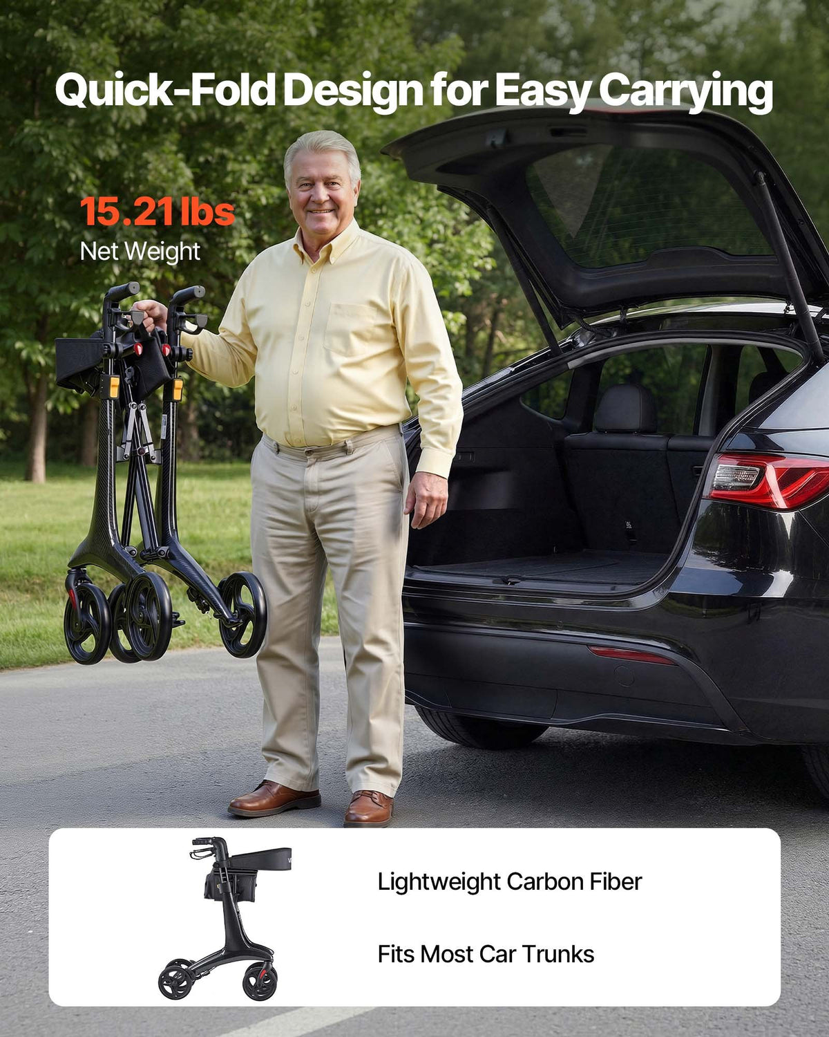 VEVOR Rollator Walker with Seat for Seniors, Foldable Lightweight Rolling Walker, Carbon Fiber Mobility Walking Aid with 8" Solid PVC Wheels and Adjustable Handle - Supports up to 136kg