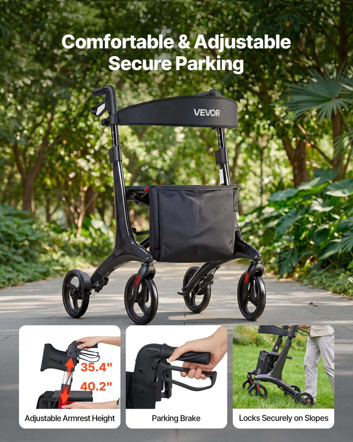 VEVOR Rollator Walker with Seat for Seniors, Foldable Lightweight Rolling Walker, Carbon Fiber Mobility Walking Aid with 8" Solid PVC Wheels and Adjustable Handle - Supports up to 136kg
