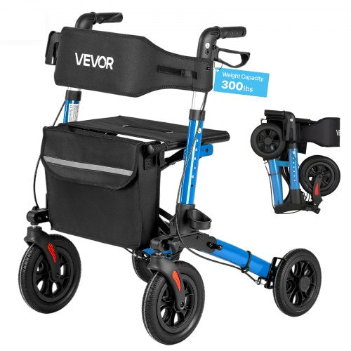 VEVOR Rollator Walker with Seat for Seniors, Ultra Compact 3-Fold Rolling Walker, Lightweight Aluminum Mobility Walking Aid with PU Solid Wheels, Adjustable Handle, Cup & Cane Holder - Supports 136kg