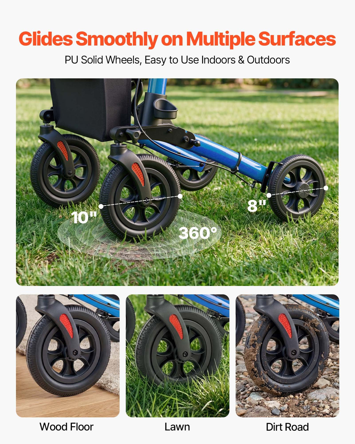 VEVOR Rollator Walker with Seat for Seniors, Ultra Compact 3-Fold Rolling Walker, Lightweight Aluminum Mobility Walking Aid with PU Solid Wheels, Adjustable Handle, Cup & Cane Holder - Supports 136kg