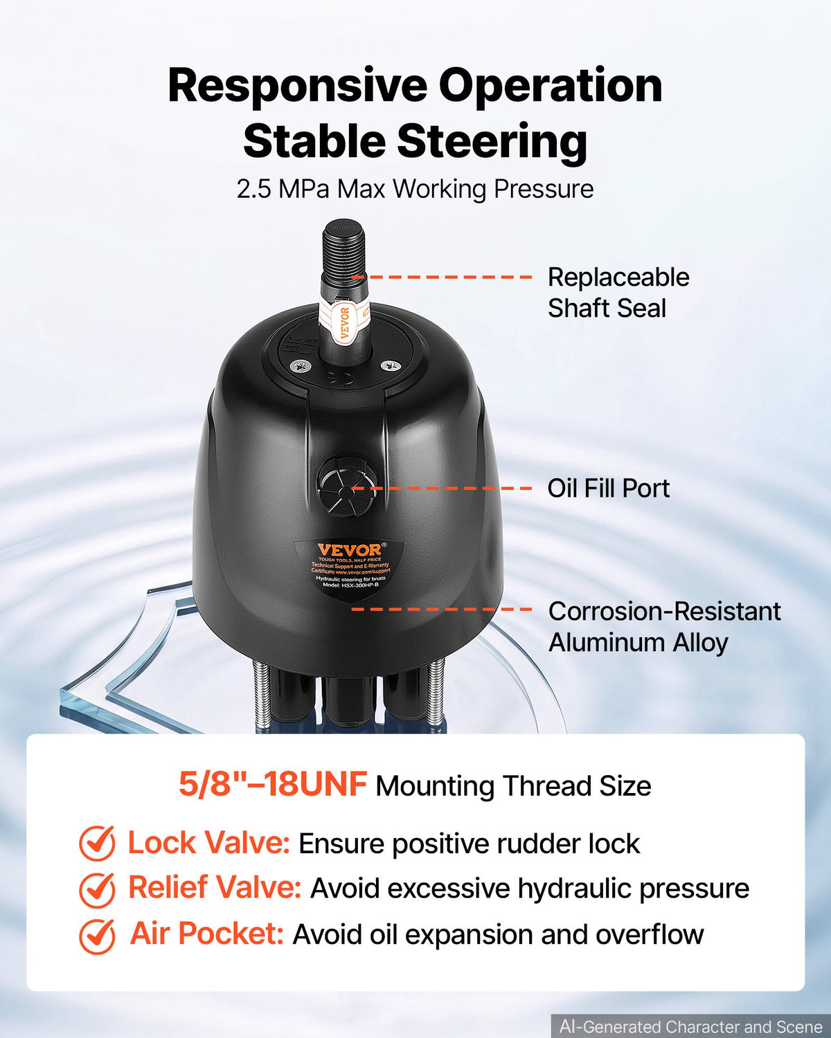 VEVOR Hydraulic Steering Kit 300HP Hydraulic Outboard Steering System 7.92m, Marine Boat Steering System, 2.5 MPa Helm Pump, Two-Way Lock Cylinder, 7.92 m High-Strength Hoses, for Single-Engine Use