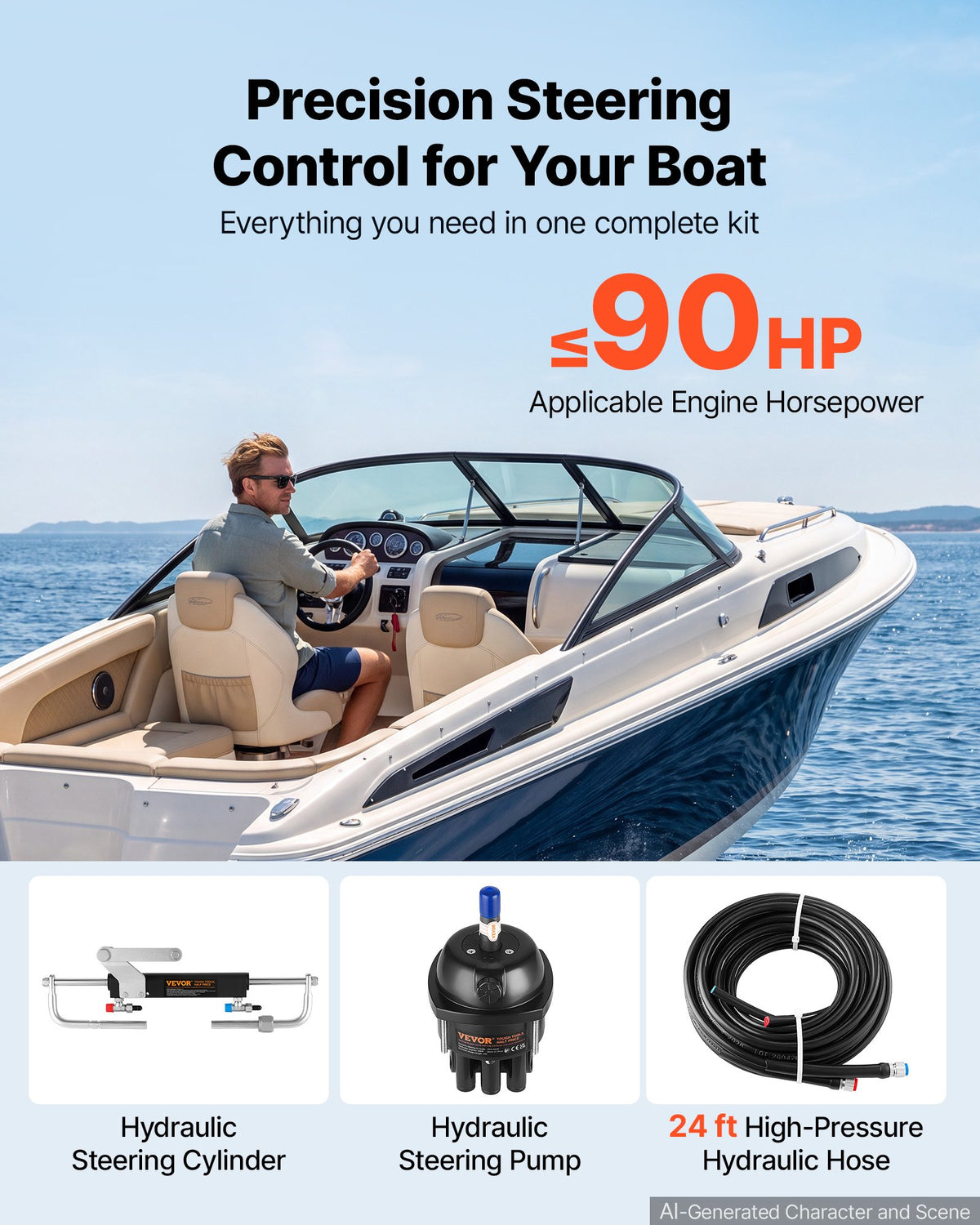 VEVOR Hydraulic Steering Kit 90HP Hydraulic Outboard Steering System 7.32m, Marine Boat Steering System, 2.5 MPa Helm Pump, Two-Way Lock Cylinder, 7.32 m High-Strength Hoses, for Single-Engine Use