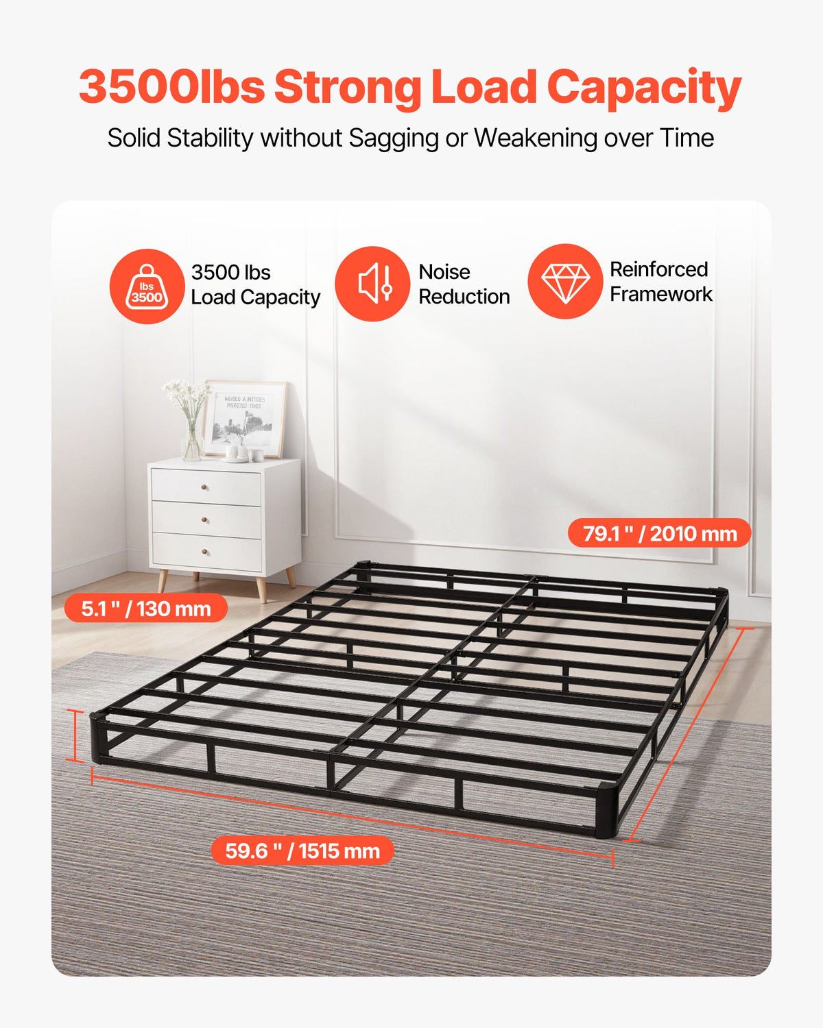 VEVOR Box Spring, Queen Size Bed Frame with Washable Fabric Cloth, Heavy Duty Metal Frame for Queen Bed, 130 mm Mattress Foundation, 1587.57 kg Max Weight Capacity, Easy Assembly, 2010 x 1515 x 130 mm