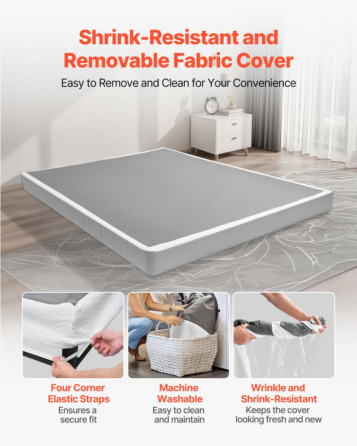 VEVOR Box Spring, Queen Size Bed Frame with Washable Fabric Cloth, Heavy Duty Metal Frame for Queen Bed, 130 mm Mattress Foundation, 1587.57 kg Max Weight Capacity, Easy Assembly, 2010 x 1515 x 130 mm
