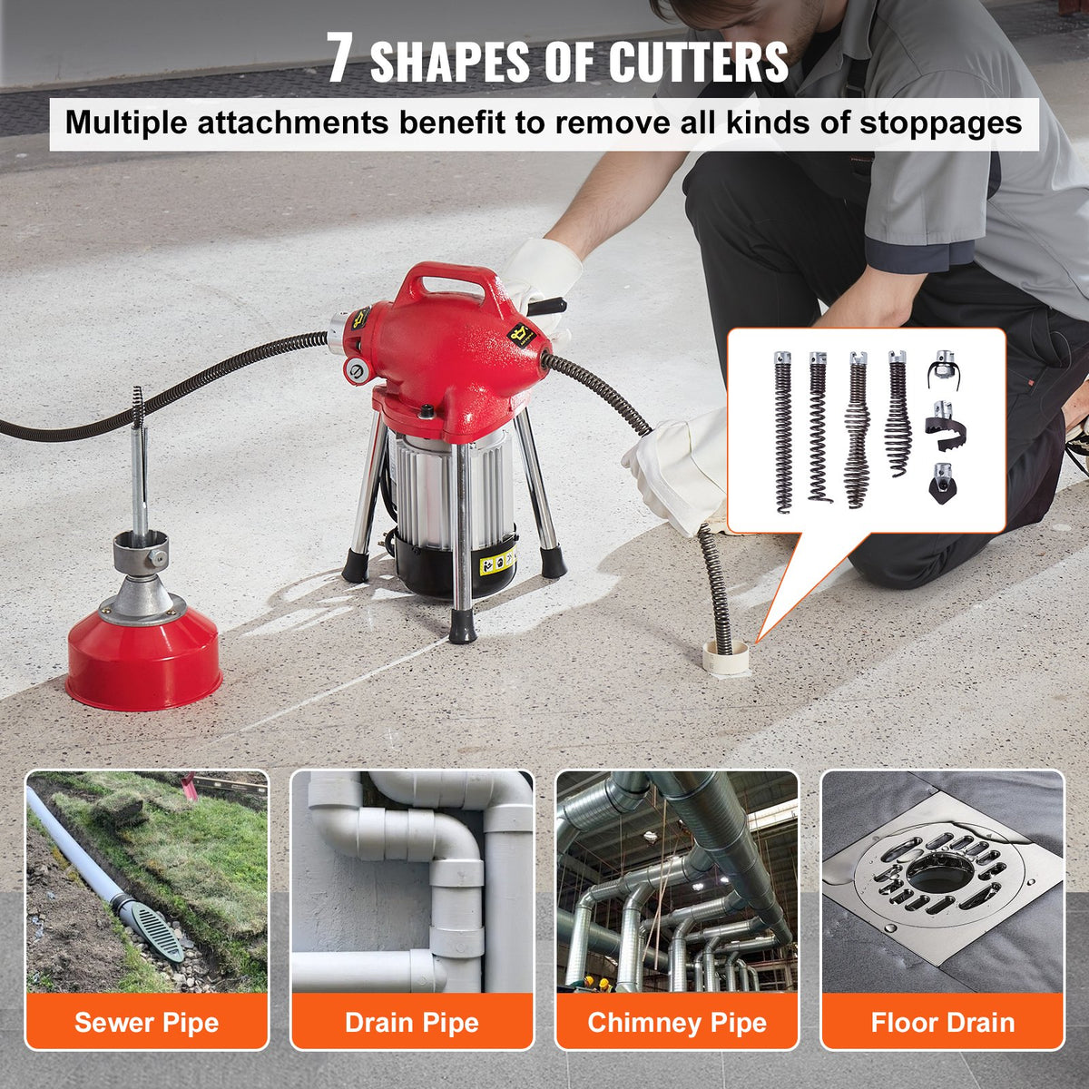 VEVOR Drain Cleaner Machine 66FT x 5/8 Inch, 250W Electric Sewer Snake Auger Manual Feed - with 2 Sectional Steel Cables (66' x 5/8" and 15' x 3/8"), 7 Cutters and CW/CCW Control for 1.6" to 4" Pipes