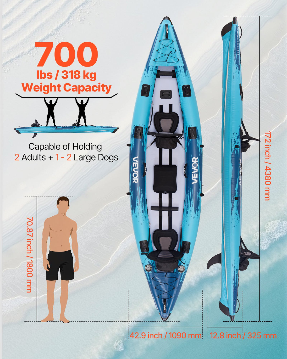 VEVOR Inflatable Kayak, 2-Person Inflatable Recreational Kayak 318kg Capacity, Leak & Puncture-Resistant with Padded Seat, PVC Drop-Stitch Floor, 2 Paddles, Hand Pump & Carry Bag for Fishing Camping