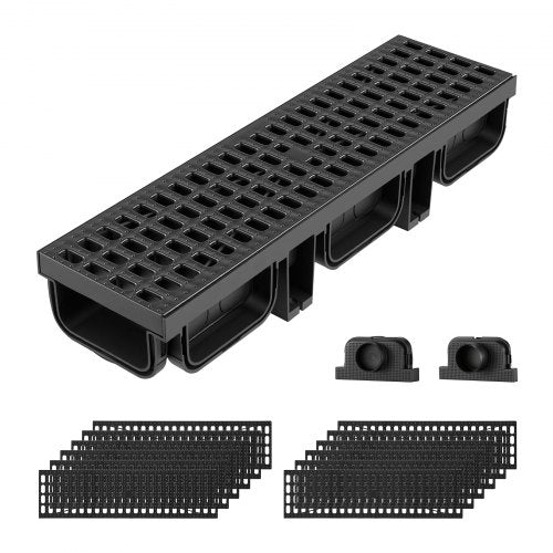 VEVOR Trench Drain, 510 x 140 x 90 mm, 12 Pack Linear Drainage Channel, HDPE Channel Drain with Grates & End Caps, Premium Outdoor Drainage System for Driveway, Patio, Pool, Garden, Yard, Black