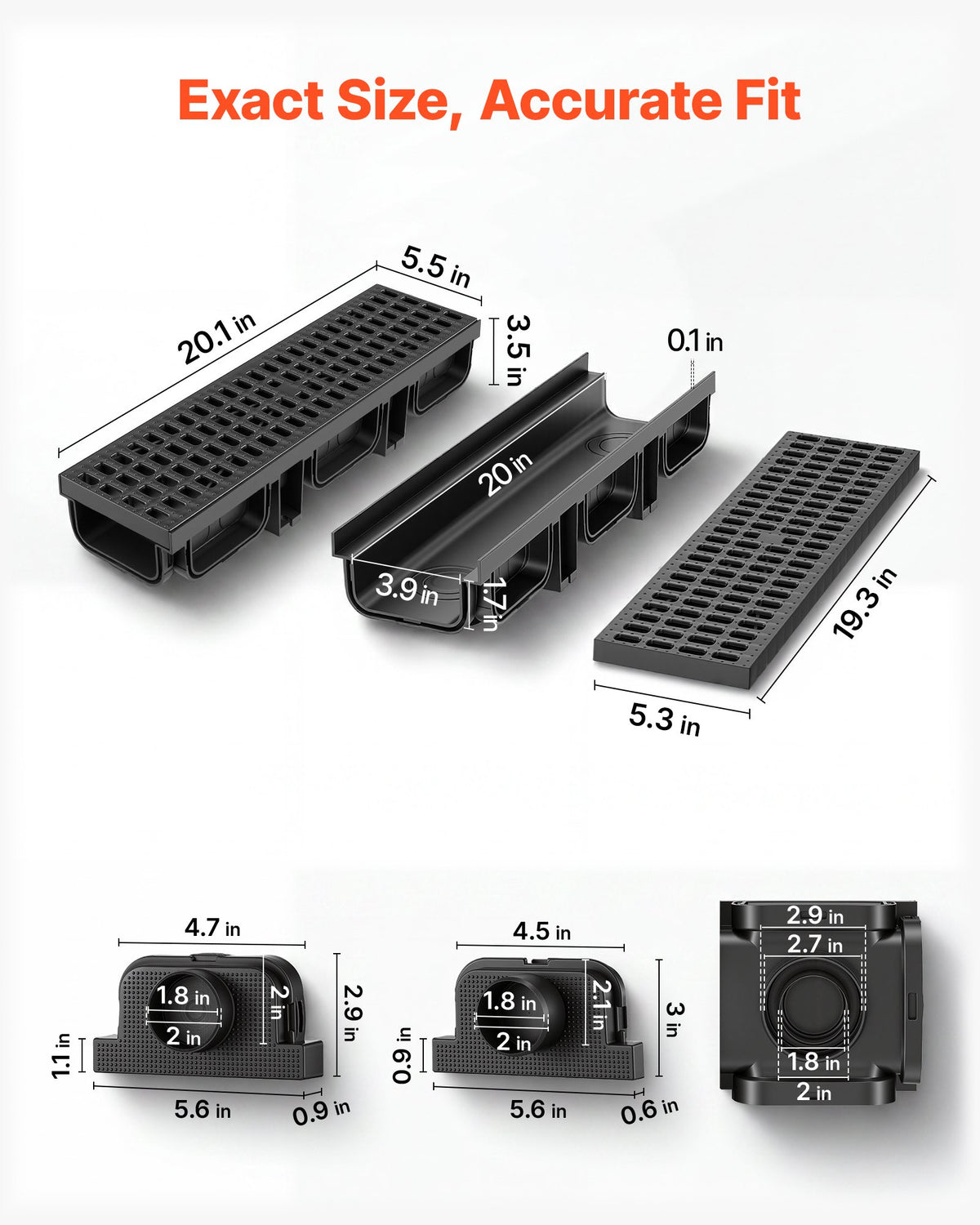 VEVOR Trench Drain, 510 x 140 x 90 mm, 12 Pack Linear Drainage Channel, HDPE Channel Drain with Grates & End Caps, Premium Outdoor Drainage System for Driveway, Patio, Pool, Garden, Yard, Black
