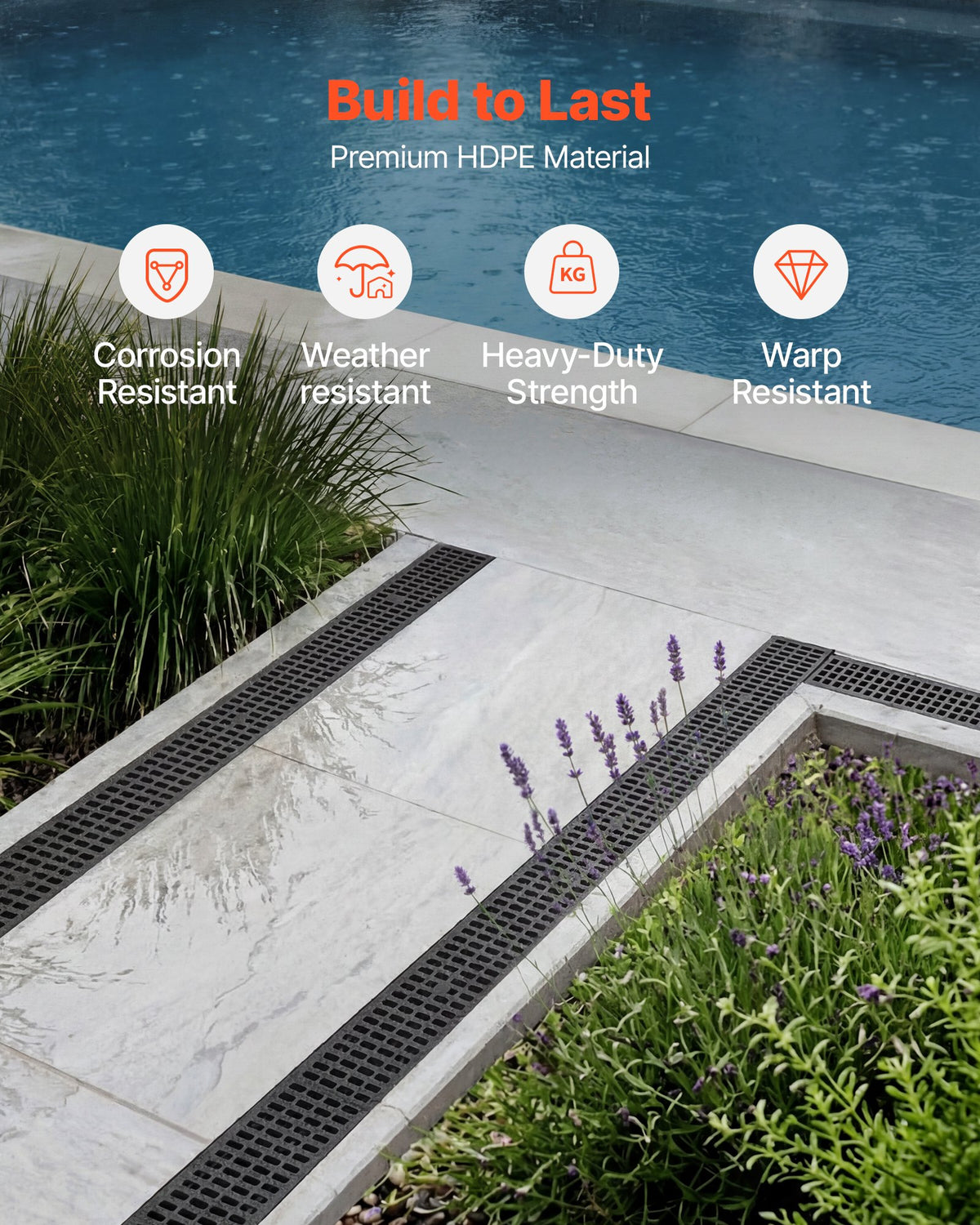 VEVOR Trench Drain, 510 x 140 x 90 mm, 12 Pack Linear Drainage Channel, HDPE Channel Drain with Grates & End Caps, Premium Outdoor Drainage System for Driveway, Patio, Pool, Garden, Yard, Black