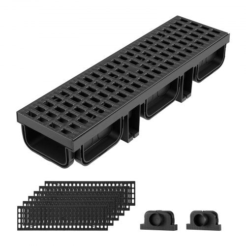 VEVOR Trench Drain, 510 x 140 x 90 mm, 6 Pack Linear Drainage Channel, HDPE Channel Drain with Grates & End Caps, Premium Outdoor Drainage System for Driveway, Patio, Pool, Garden, Yard, Black