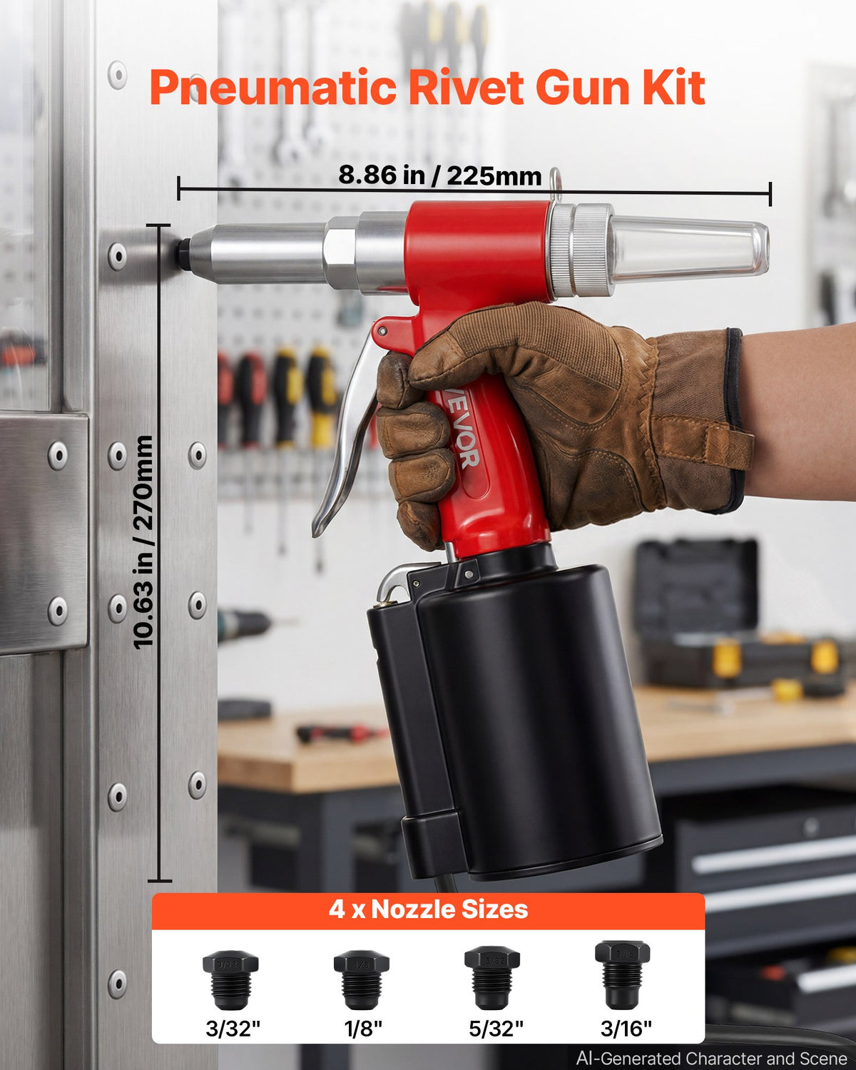 VEVOR Pneumatic Rivet Gun Kit with 2.4mm 3.2mm 4.0mm 4.8mm Nosepieces, 1100 KG Pulling Force, 3-Claw Secure Grip, Air Pop Riveter Tool for Automotive, Construction, Industrial Manufacturing