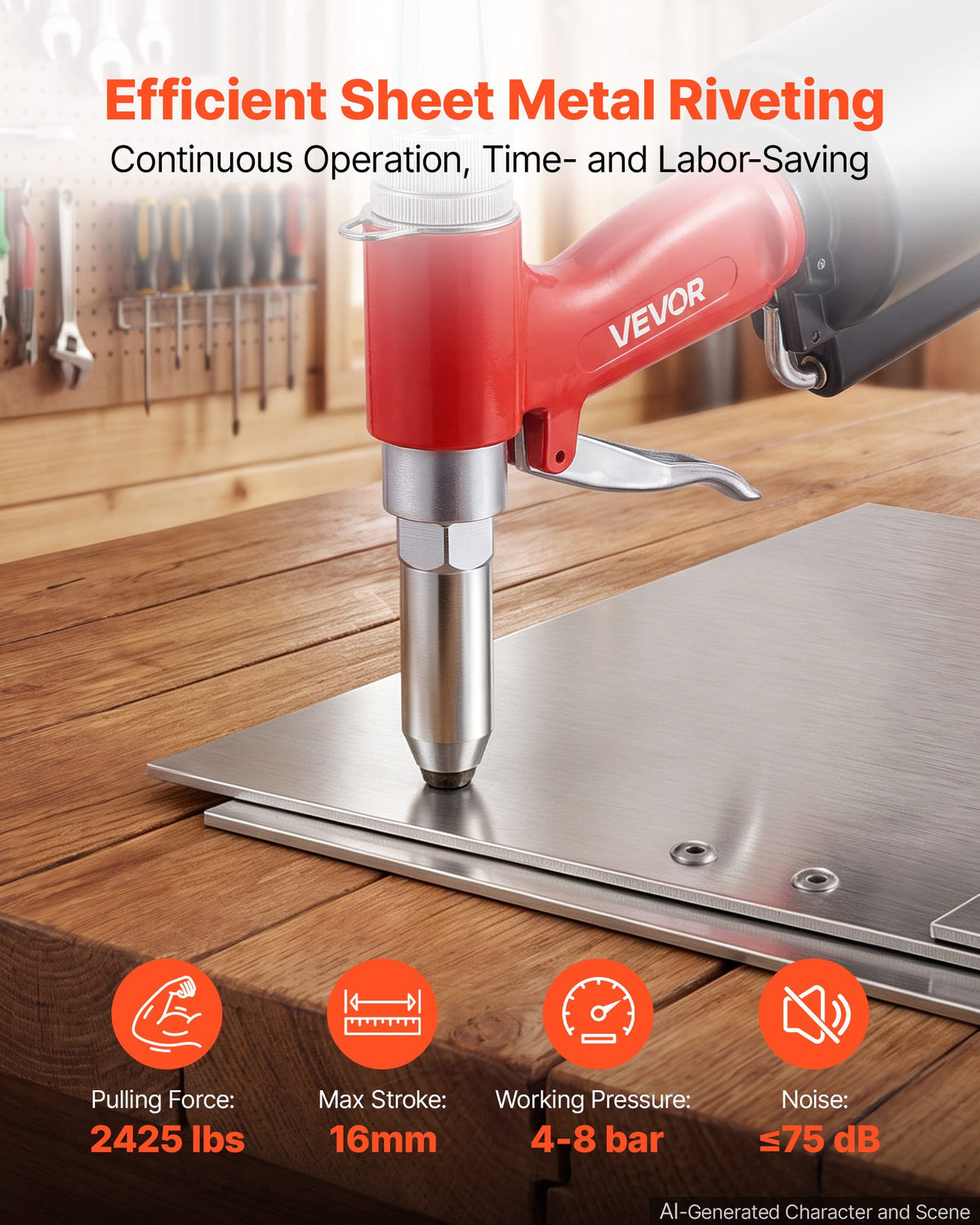 VEVOR Pneumatic Rivet Gun Kit with 2.4mm 3.2mm 4.0mm 4.8mm Nosepieces, 1100 KG Pulling Force, 3-Claw Secure Grip, Air Pop Riveter Tool for Automotive, Construction, Industrial Manufacturing