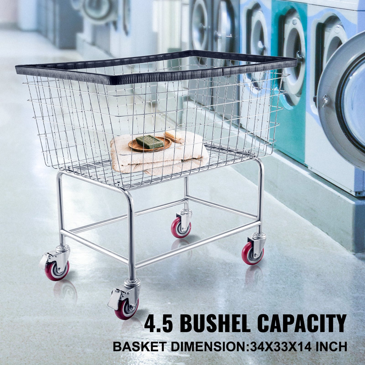 VEVOR Wire Laundry Cart, 4.5 Bushel Wire Laundry Basket with Wheels, 35\'\'x15.7\'\'x22\'\' Commercial Wire Laundry Basket Cart, Steel Frame with Chrome Finish, 5\'\' Casters, Wire Basket Cart for Lau