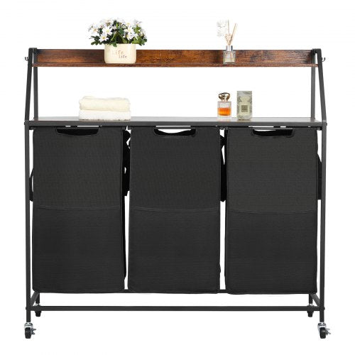 VEVOR 2 Tiers Laundry Sorter, Tall Laundry Hamper with Metal Frame and Wooden Tabletop, 3 Section Rolling Basket Organizer Storage with Ladder Shelves and 600D Oxford Cloth Bags for Dirty Clothes