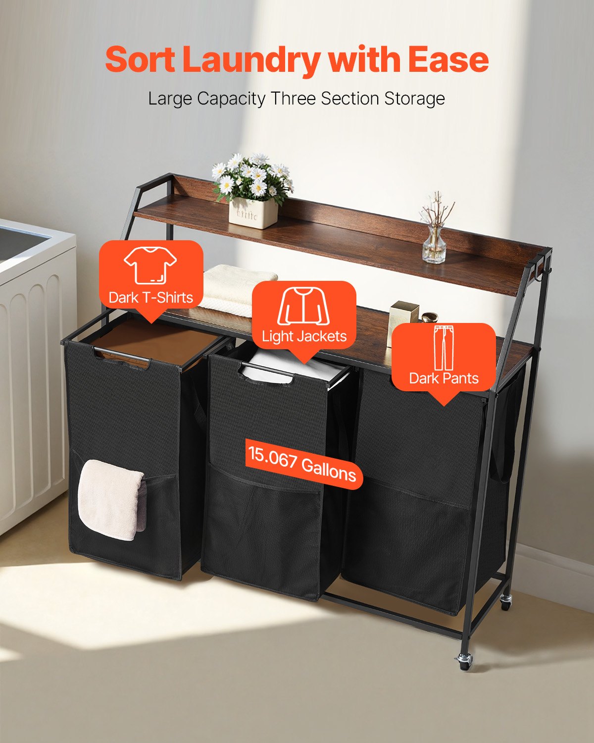 VEVOR 2 Tiers Laundry Sorter, Tall Laundry Hamper with Metal Frame and Wooden Tabletop, 3 Section Rolling Basket Organizer Storage with Ladder Shelves and 600D Oxford Cloth Bags for Dirty Clothes