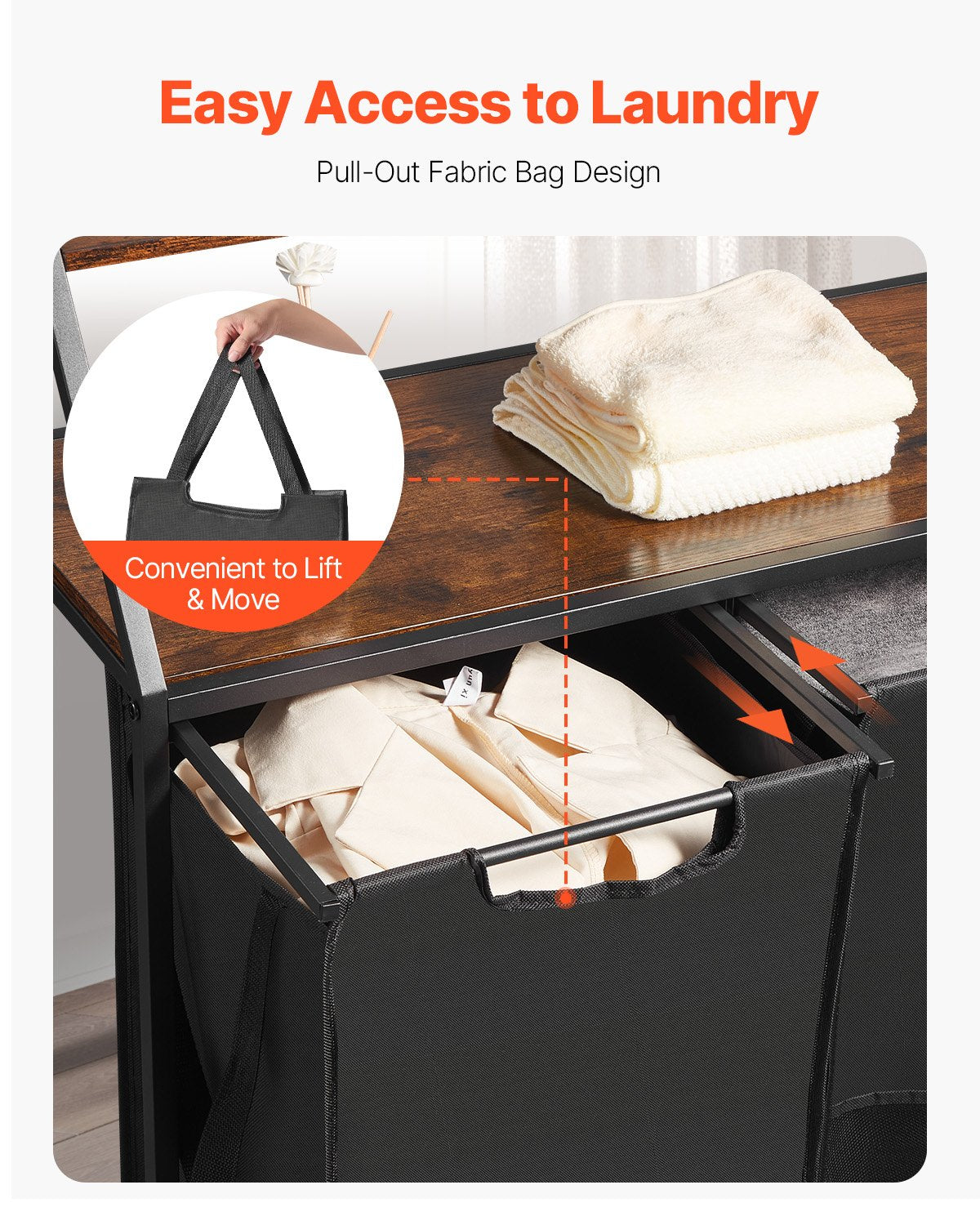 VEVOR 2 Tiers Laundry Sorter, Tall Laundry Hamper with Metal Frame and Wooden Tabletop, 3 Section Rolling Basket Organizer Storage with Ladder Shelves and 600D Oxford Cloth Bags for Dirty Clothes