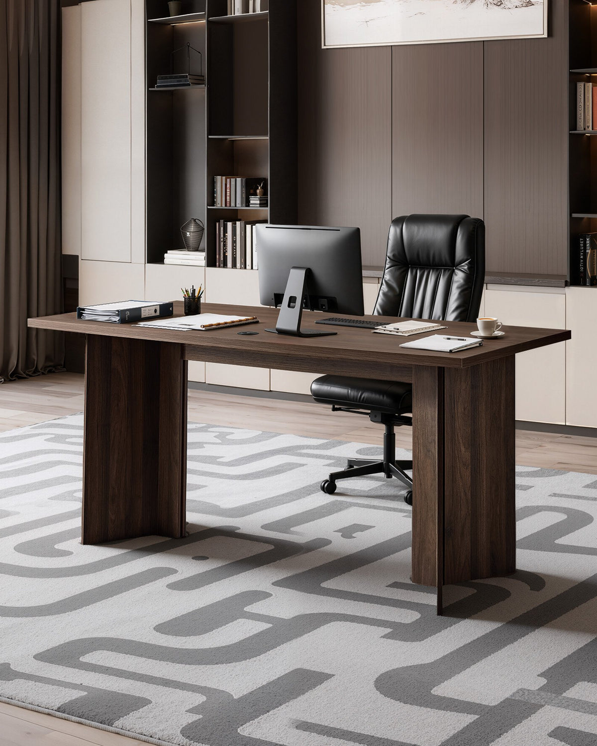 VEVOR 63 in Executive Desk, Large Modern Rectangle Office Table, Heavy Duty Wooden Executive Table with Cable Connection Hole, 113 KG Load Capacity, Easy Assembly, for Work Study Writing, Walnut