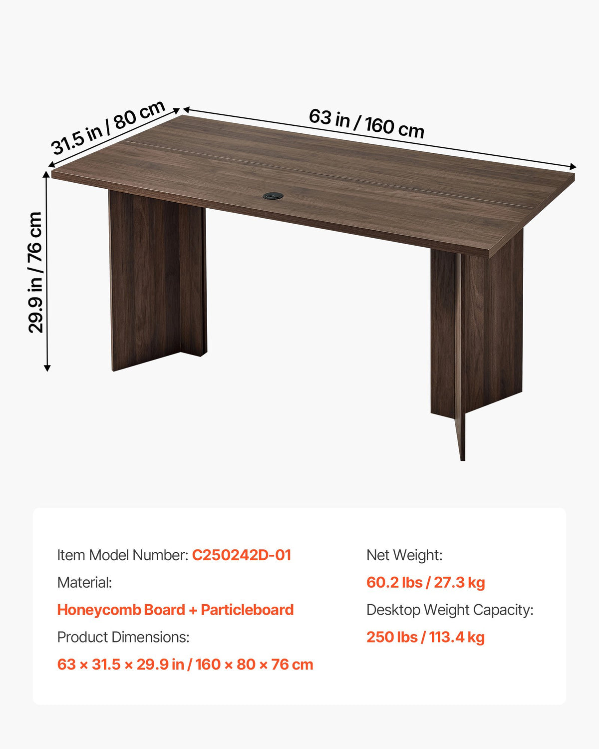 VEVOR 63 in Executive Desk, Large Modern Rectangle Office Table, Heavy Duty Wooden Executive Table with Cable Connection Hole, 113 KG Load Capacity, Easy Assembly, for Work Study Writing, Walnut