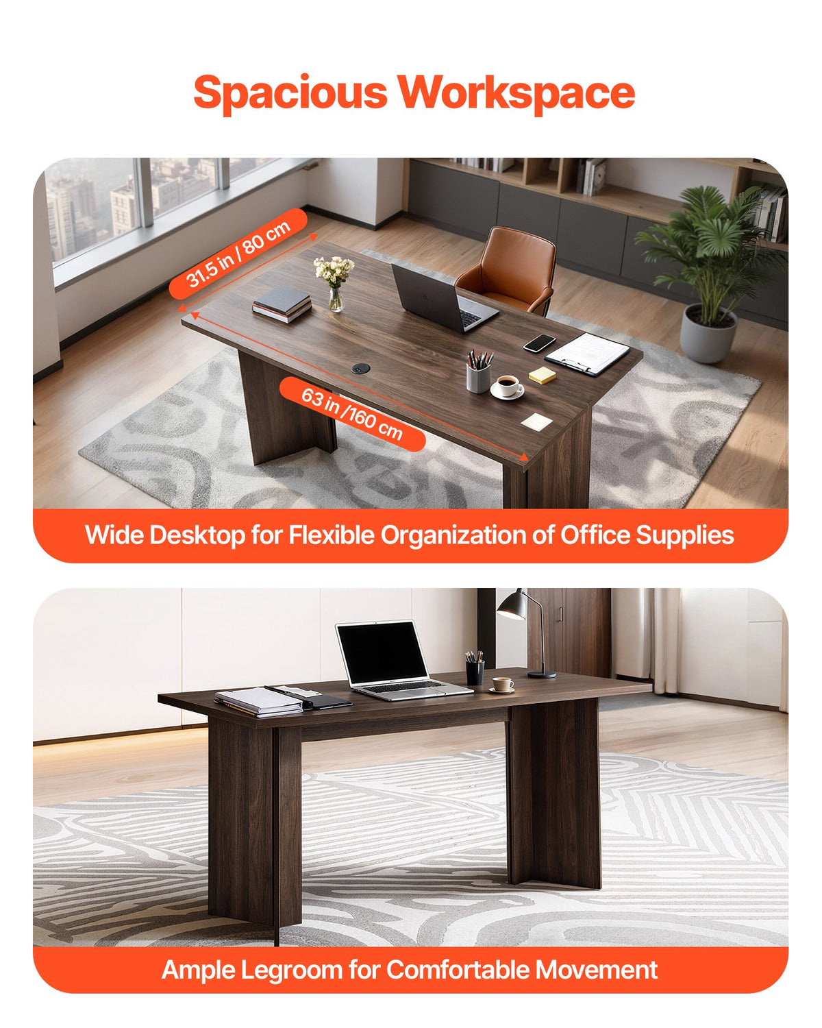 VEVOR 63 in Executive Desk, Large Modern Rectangle Office Table, Heavy Duty Wooden Executive Table with Cable Connection Hole, 113 KG Load Capacity, Easy Assembly, for Work Study Writing, Walnut
