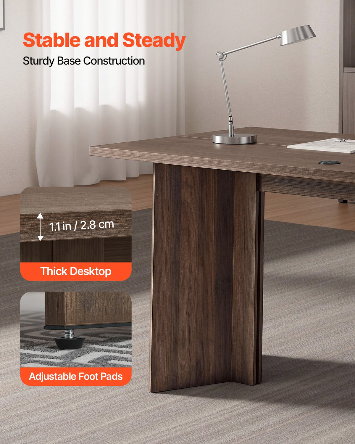 VEVOR 63 in Executive Desk, Large Modern Rectangle Office Table, Heavy Duty Wooden Executive Table with Cable Connection Hole, 113 KG Load Capacity, Easy Assembly, for Work Study Writing, Walnut