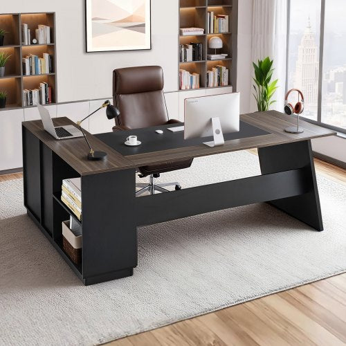 VEVOR L-Shaped Executive Desk, Large Modern Office Table with Drawers and Storage Cabinet, Heavy Duty Wooden Executive Table, 158.7 KG Load Capacity, Easy Assembly, for Work Study Writing, Brown+Black