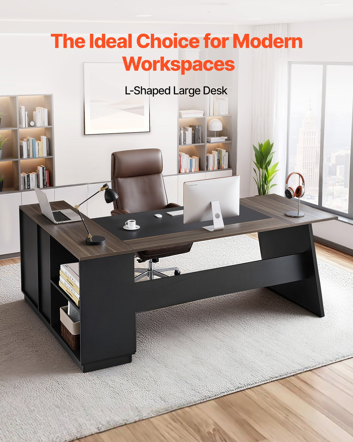 VEVOR L-Shaped Executive Desk, Large Modern Office Table with Drawers and Storage Cabinet, Heavy Duty Wooden Executive Table, 158.7 KG Load Capacity, Easy Assembly, for Work Study Writing, Brown+Black