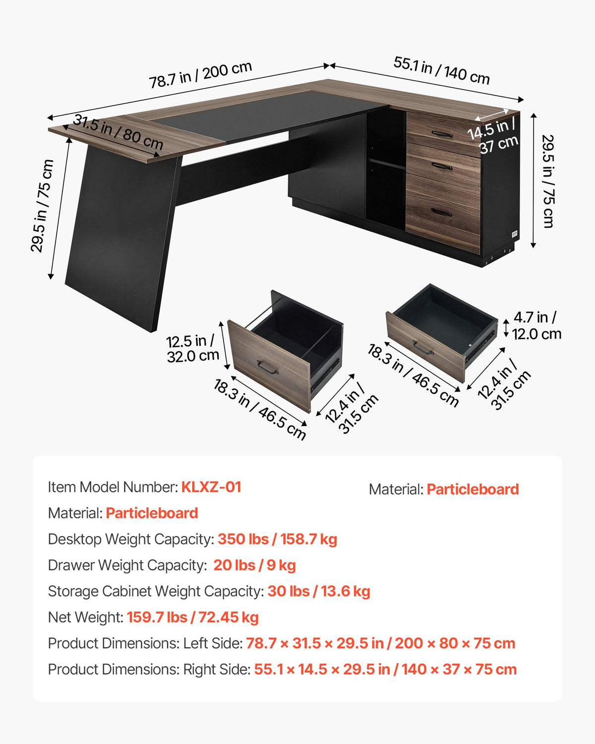 VEVOR L-Shaped Executive Desk, Large Modern Office Table with Drawers and Storage Cabinet, Heavy Duty Wooden Executive Table, 158.7 KG Load Capacity, Easy Assembly, for Work Study Writing, Brown+Black