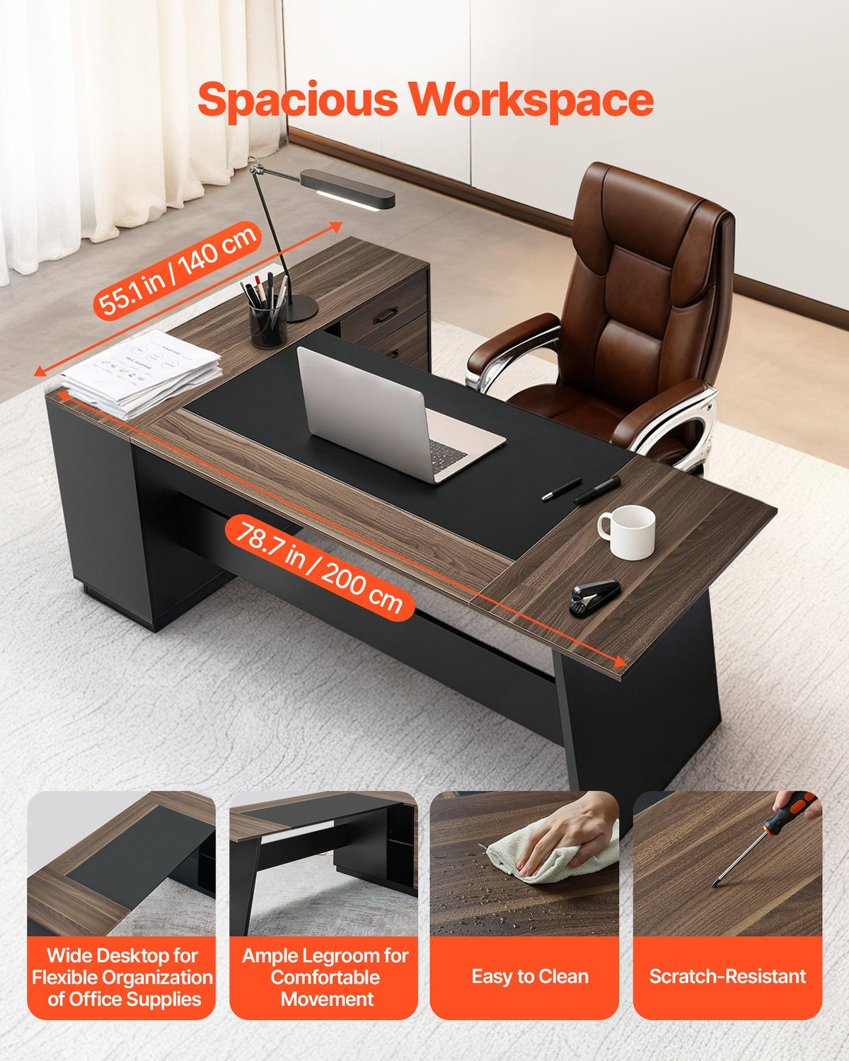 VEVOR L-Shaped Executive Desk, Large Modern Office Table with Drawers and Storage Cabinet, Heavy Duty Wooden Executive Table, 158.7 KG Load Capacity, Easy Assembly, for Work Study Writing, Brown+Black