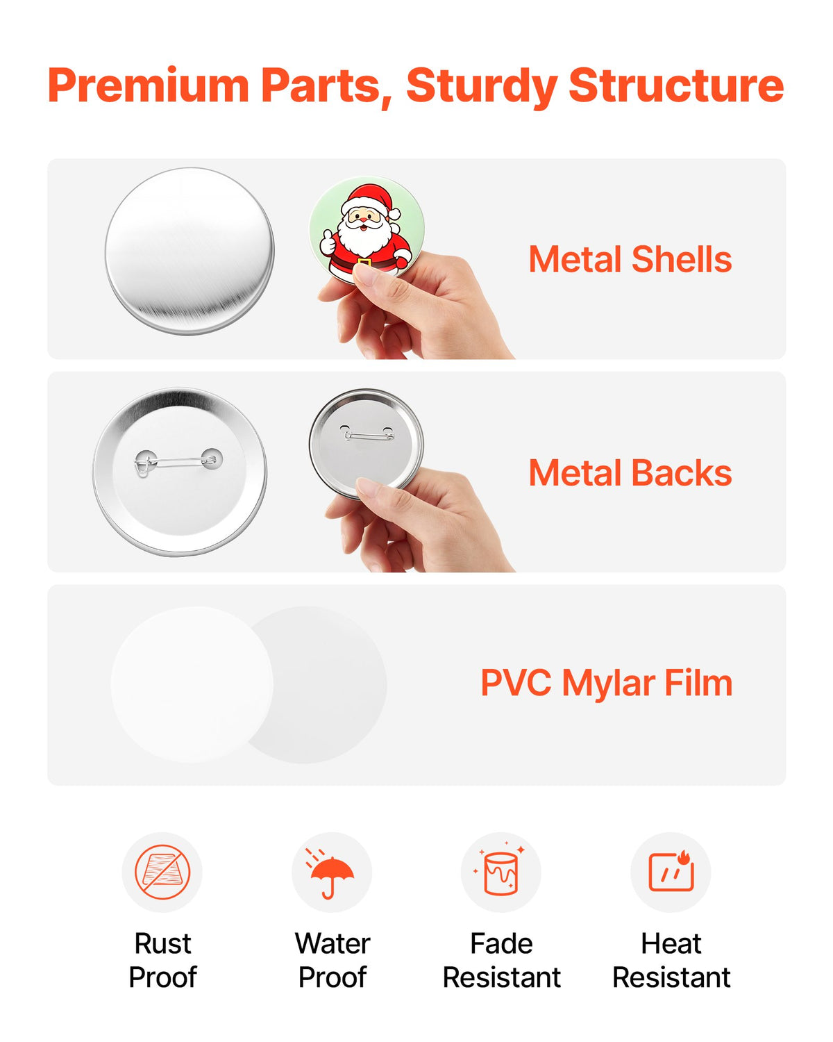 VEVOR Button Maker Supplies 100 Sets 2.95 in / 75 mm Pin Back Button Parts, with Metal Backs, Metal Shells, Clear Mylar Films, and Blank Circle Papers, for Home DIY, School Events, and Custom Studio