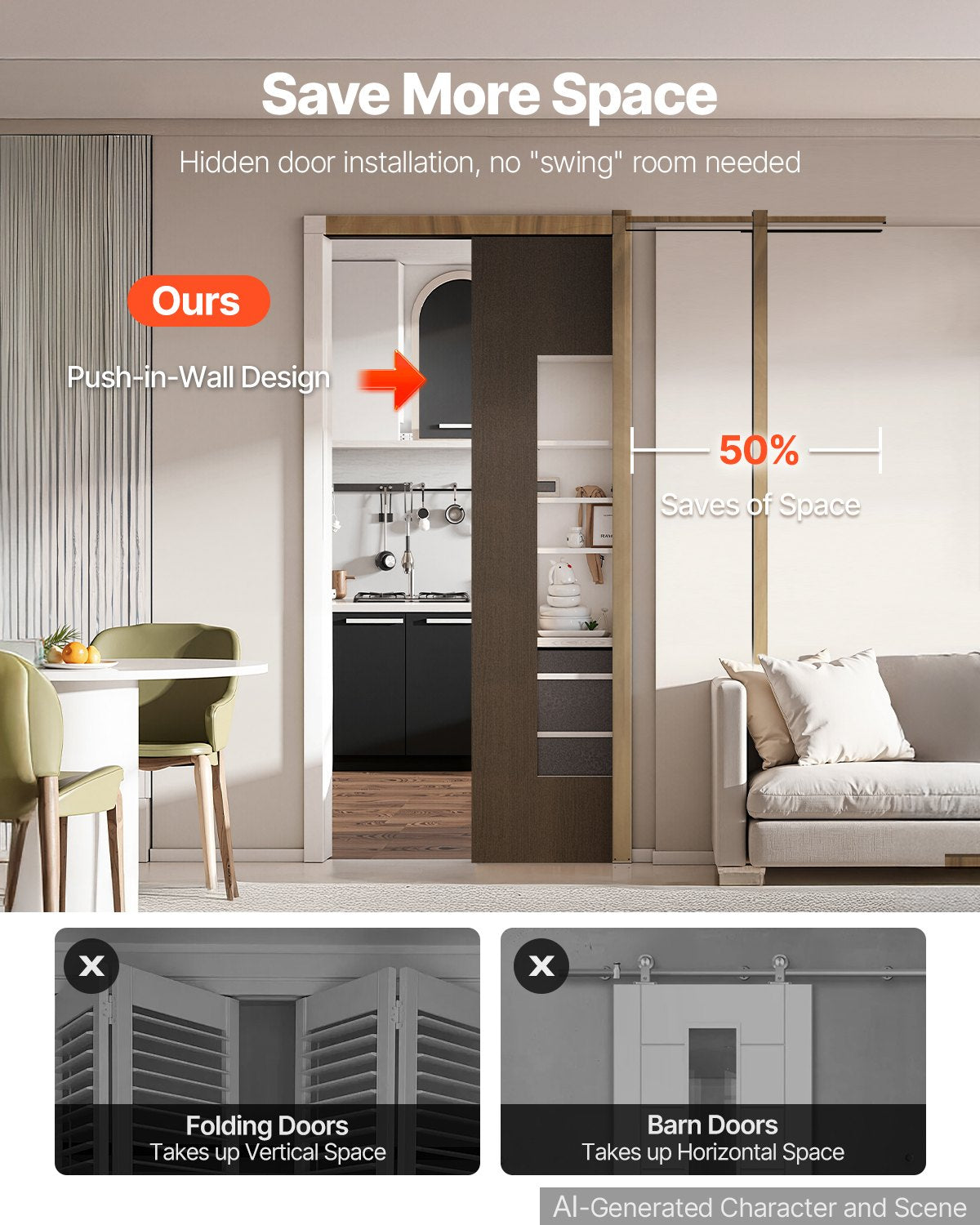 VEVOR Pocket Door Frame Kit 812.8 mm Pocket Door Kit Steel-Wrapped Studs, For Home Doors, Two-Way Soft Close Mechanism, Smooth & Quiet Sliding, Space-Saving Hidden Installation, Adjustable Width