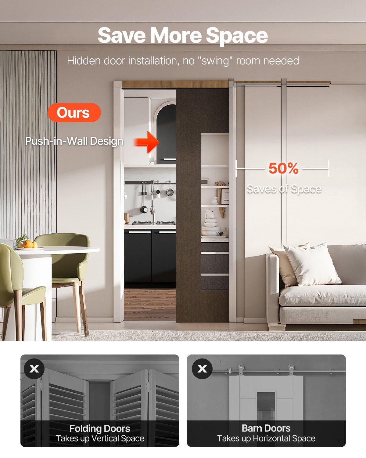 VEVOR Pocket Door Frame Kit, for 610-813mm Wide 2032mm High Door, Pocket Door Kit with Two-Way Soft Close Mechanism, Slide Smoothly Quietly, Easy to Install, Premium Galvanized Steel, for Living Room