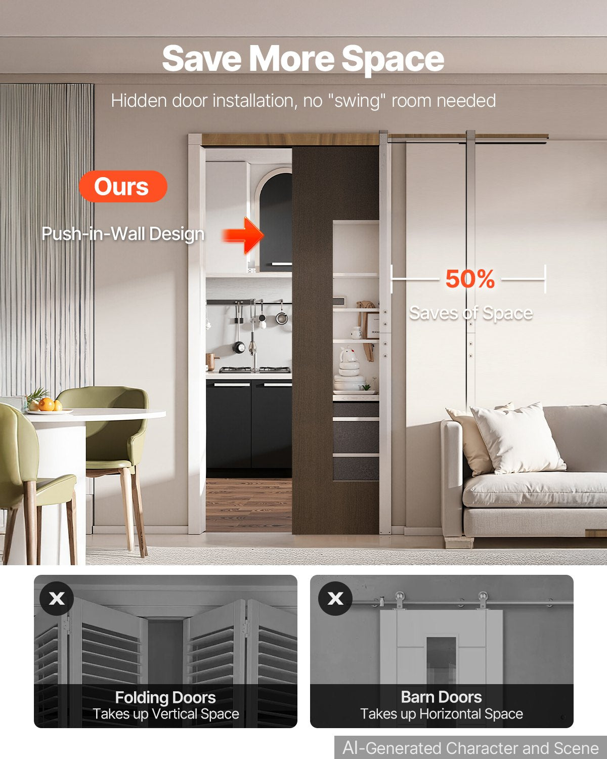 VEVOR Pocket Door Frame Kit 914.4 mm Pocket Door Kit with Steel Studs, For Home Doors, Two-Way Soft Close Mechanism, Smooth & Quiet Sliding, Space-Saving Hidden Installation, Adjustable Width