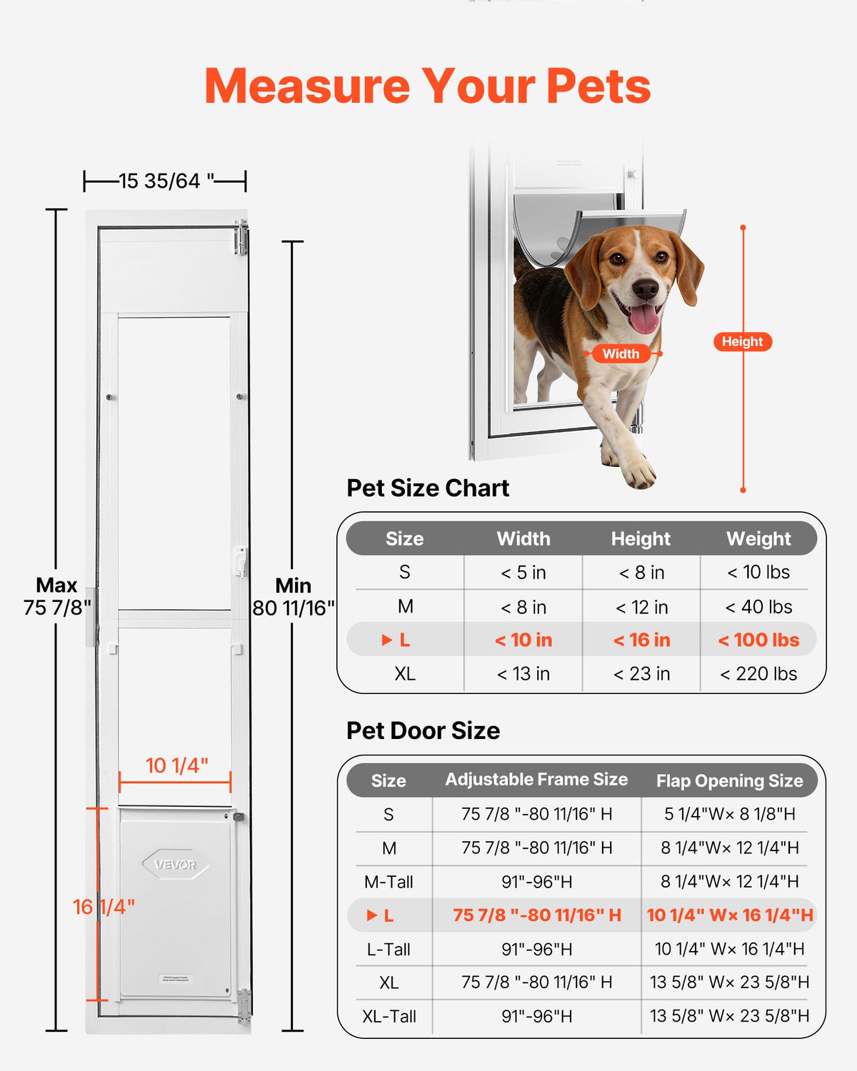VEVOR Dog Door for Sliding Glass Door, 1927 mm to 2049 mm Adjustable Height, Aluminum Alloy Frame with Flap, Lock Design, for Large-Sized Dogs, 180° Swing-Open Sliding Glass Pet Doors for Renters