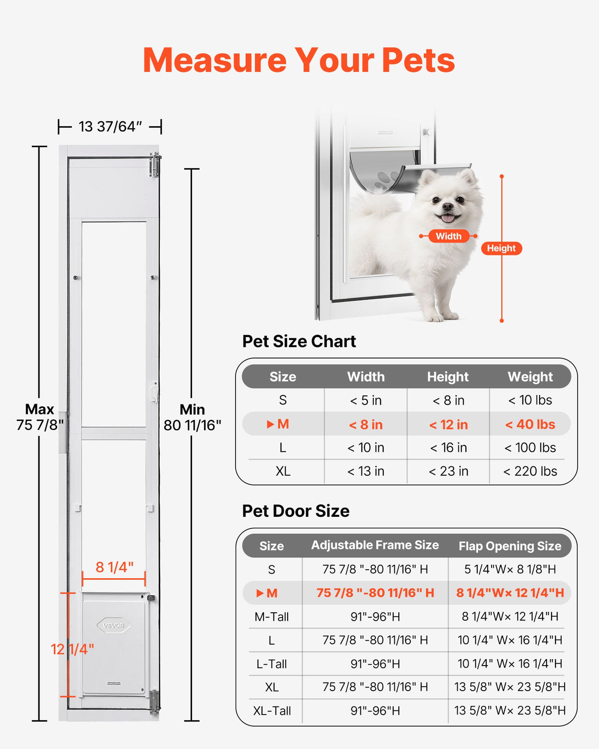 VEVOR Dog Door for Sliding Glass Door, 1927 mm to 2049 mm Adjustable Height, Aluminum Alloy Frame with Flap, Lock Design, for Medium-Sized Dogs, 180° Swing-Open Sliding Glass Pet Doors for Renters