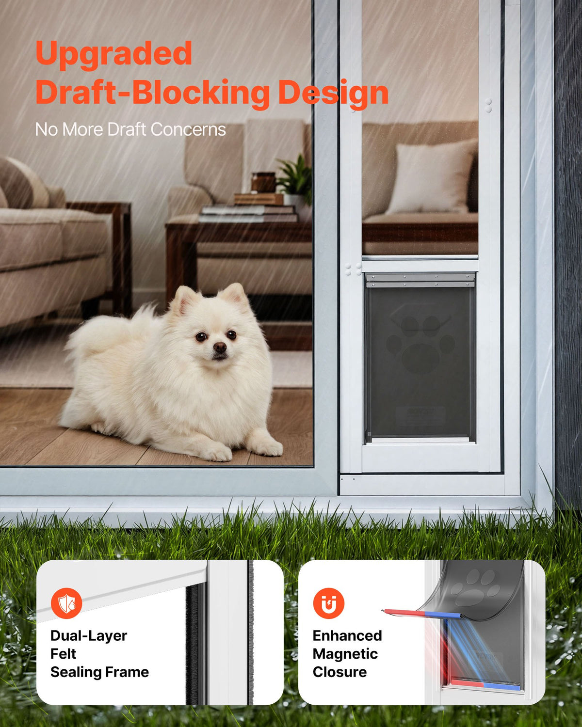 VEVOR Dog Door for Sliding Glass Door, 1927 mm to 2049 mm Adjustable Height, Aluminum Alloy Frame with Flap, Lock Design, for Medium-Sized Dogs, 180° Swing-Open Sliding Glass Pet Doors for Renters
