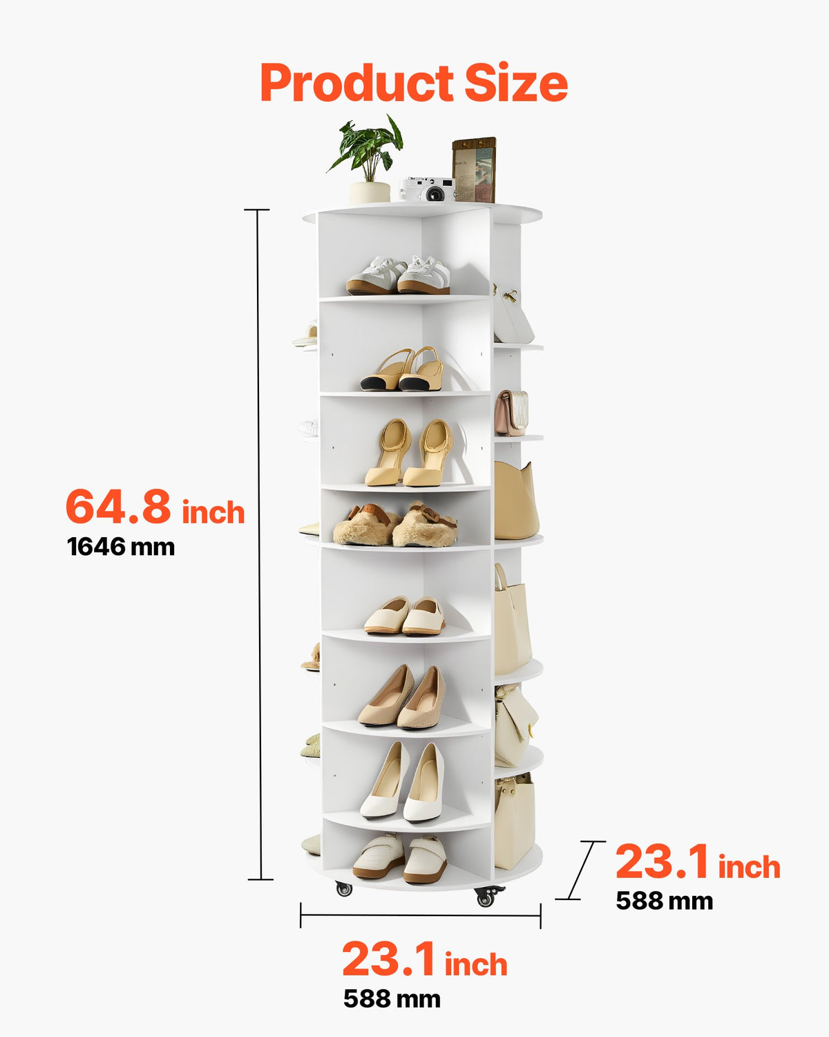 VEVOR 7 Tier Rotating Shoe Rack Tower with Adjustable Shelves, Movable 360° Spinning Carousel Display with Wheels, Lazy Susan Organizer Closet for Bedroom, Living Room, Entryway, Closet, White