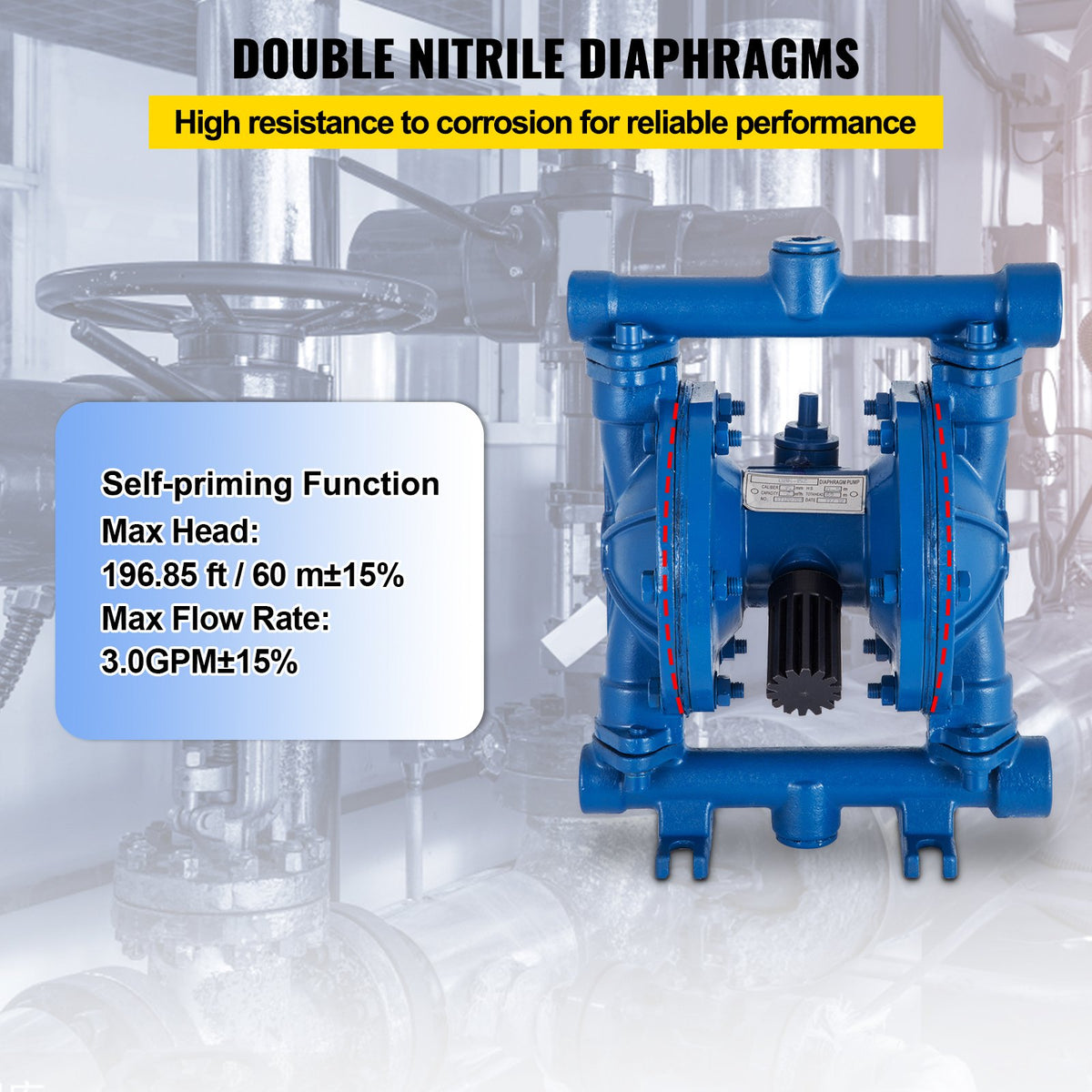 VEVOR Air-Operated Double Diaphragm Pump, 1/2 in Inlet & Outlet, Cast Iron Body, 11.4L/min(3GPM) & Max 90 PSI, Nitrile Diaphragm Pneumatic Transfer Pump for Petroleum, Diesel, Oil & Low Viscosity Fluids