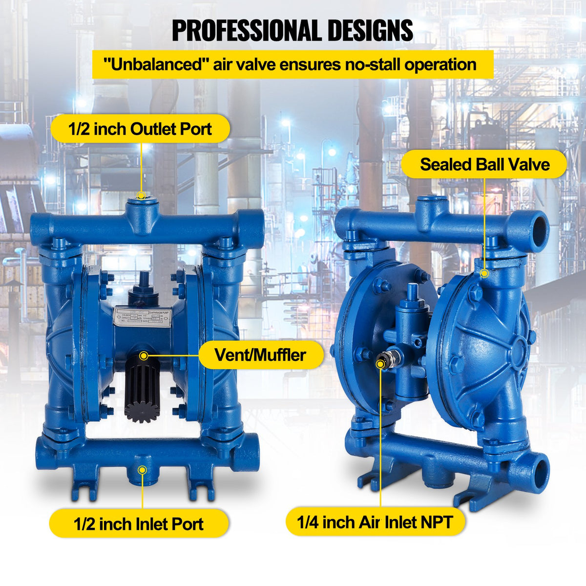 VEVOR Air-Operated Double Diaphragm Pump, 1/2 in Inlet & Outlet, Cast Iron Body, 11.4L/min(3GPM) & Max 90 PSI, Nitrile Diaphragm Pneumatic Transfer Pump for Petroleum, Diesel, Oil & Low Viscosity Fluids